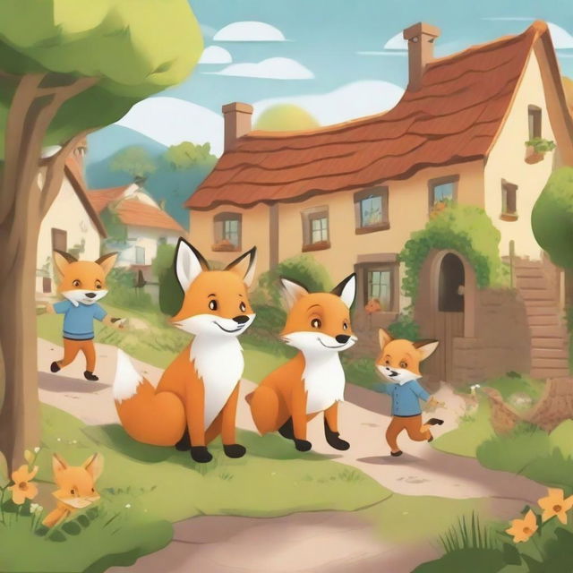 A friendly fox playing with children in a quaint village