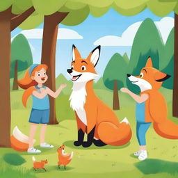 A playful fox interacting with children in a vibrant outdoor setting