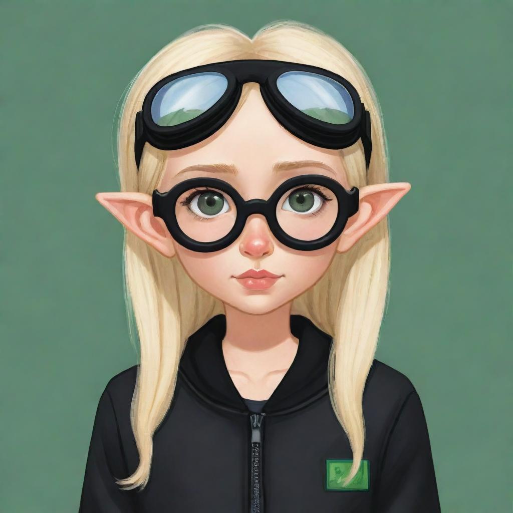 Cute cartoon drawing of a girl with elf ears, blonde hair, wearing a black jacket and black pants with goggles in her hair. Strangely, her head is depicted as being absent.