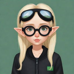 Cute cartoon drawing of a girl with elf ears, blonde hair, wearing a black jacket and black pants with goggles in her hair. Strangely, her head is depicted as being absent.