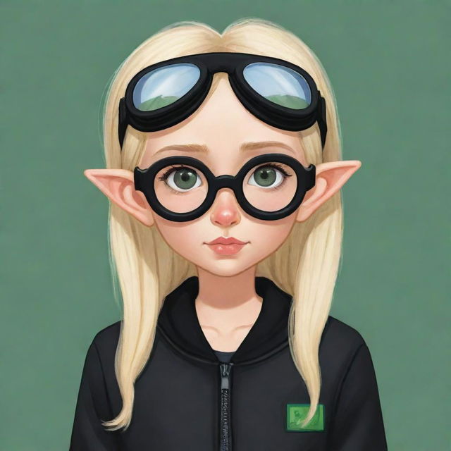 Cute cartoon drawing of a girl with elf ears, blonde hair, wearing a black jacket and black pants with goggles in her hair. Strangely, her head is depicted as being absent.