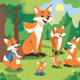 A playful fox interacting with children in a vibrant outdoor setting