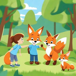 A playful fox interacting with children in a vibrant outdoor setting