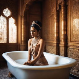 A majestic Indian queen taking a bath in an opulent, royal bathroom