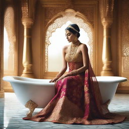 A majestic Indian queen taking a bath in an opulent, royal bathroom