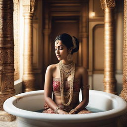 A majestic Indian queen taking a bath in an opulent, royal bathroom