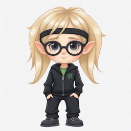 Cute cartoon drawing of a girl with elf ears, blonde hair, wearing a black jacket and black pants with goggles in her hair. Strangely, her head is depicted as being absent.