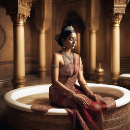 A majestic Indian queen taking a bath in an opulent, royal bathroom