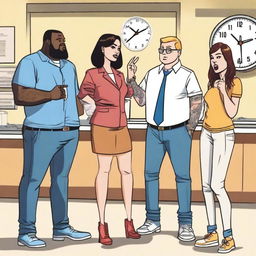 A lively illustration featuring Demi Lovato, Aubrey Plaza, Patton Oswalt, Machine Gun Kelly, and LeBron James in a humorous argument about who goes to lunch when