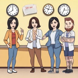 A lively illustration featuring Demi Lovato, Aubrey Plaza, Patton Oswalt, Machine Gun Kelly, and LeBron James in a humorous argument about who goes to lunch when