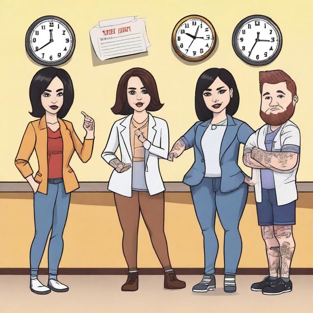 A lively illustration featuring Demi Lovato, Aubrey Plaza, Patton Oswalt, Machine Gun Kelly, and LeBron James in a humorous argument about who goes to lunch when