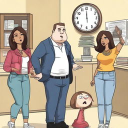 A lively illustration featuring Demi Lovato, Aubrey Plaza, Patton Oswalt, Machine Gun Kelly, and LeBron James in a humorous argument about who goes to lunch when