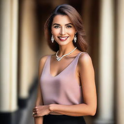 A beautiful woman posing confidently, wearing stylish and elegant clothing, with a captivating smile and an alluring gaze