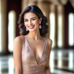 A beautiful woman posing confidently, wearing stylish and elegant clothing, with a captivating smile and an alluring gaze