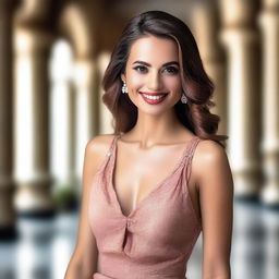 A beautiful woman posing confidently, wearing stylish and elegant clothing, with a captivating smile and an alluring gaze