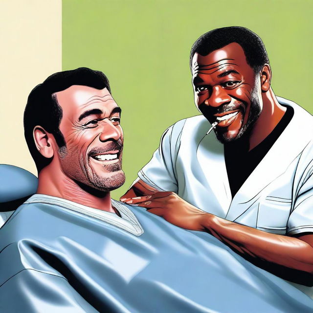 A realistic illustration of Jeffrey Dean Morgan and Mike Tyson at a dentist's office getting braces