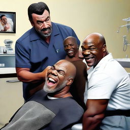 A realistic illustration of Jeffrey Dean Morgan and Mike Tyson at a dentist's office getting braces