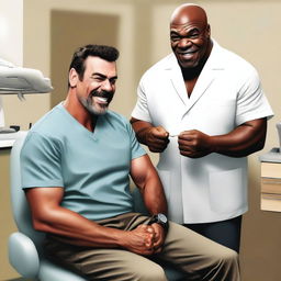 A realistic illustration of Jeffrey Dean Morgan and Mike Tyson at a dentist's office getting braces