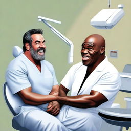 A realistic illustration of Jeffrey Dean Morgan and Mike Tyson at a dentist's office getting braces