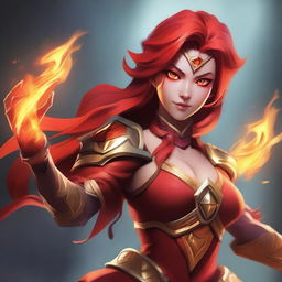 Create an image featuring Lina from Dota 2, showcasing her fiery abilities and vibrant red costume