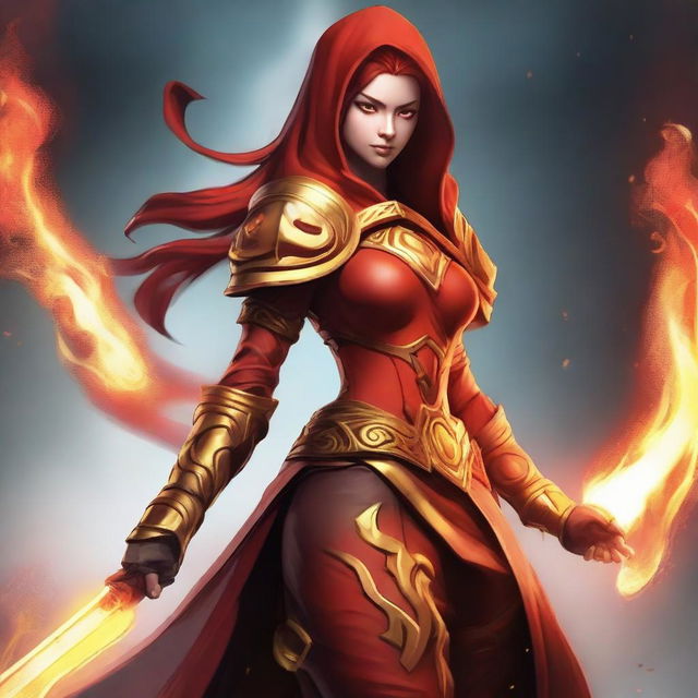 Create an image featuring Lina from Dota 2, showcasing her fiery abilities and vibrant red costume