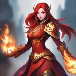 Create an image featuring Lina from Dota 2, showcasing her fiery abilities and vibrant red costume