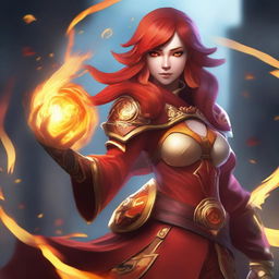 Create an image featuring Lina from Dota 2, showcasing her fiery abilities and vibrant red costume