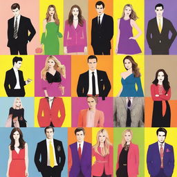 A fun and engaging quiz image asking 'Which Gossip Girl character are you?' with vibrant colors, stylish fonts, and images of the main characters from the Gossip Girl series