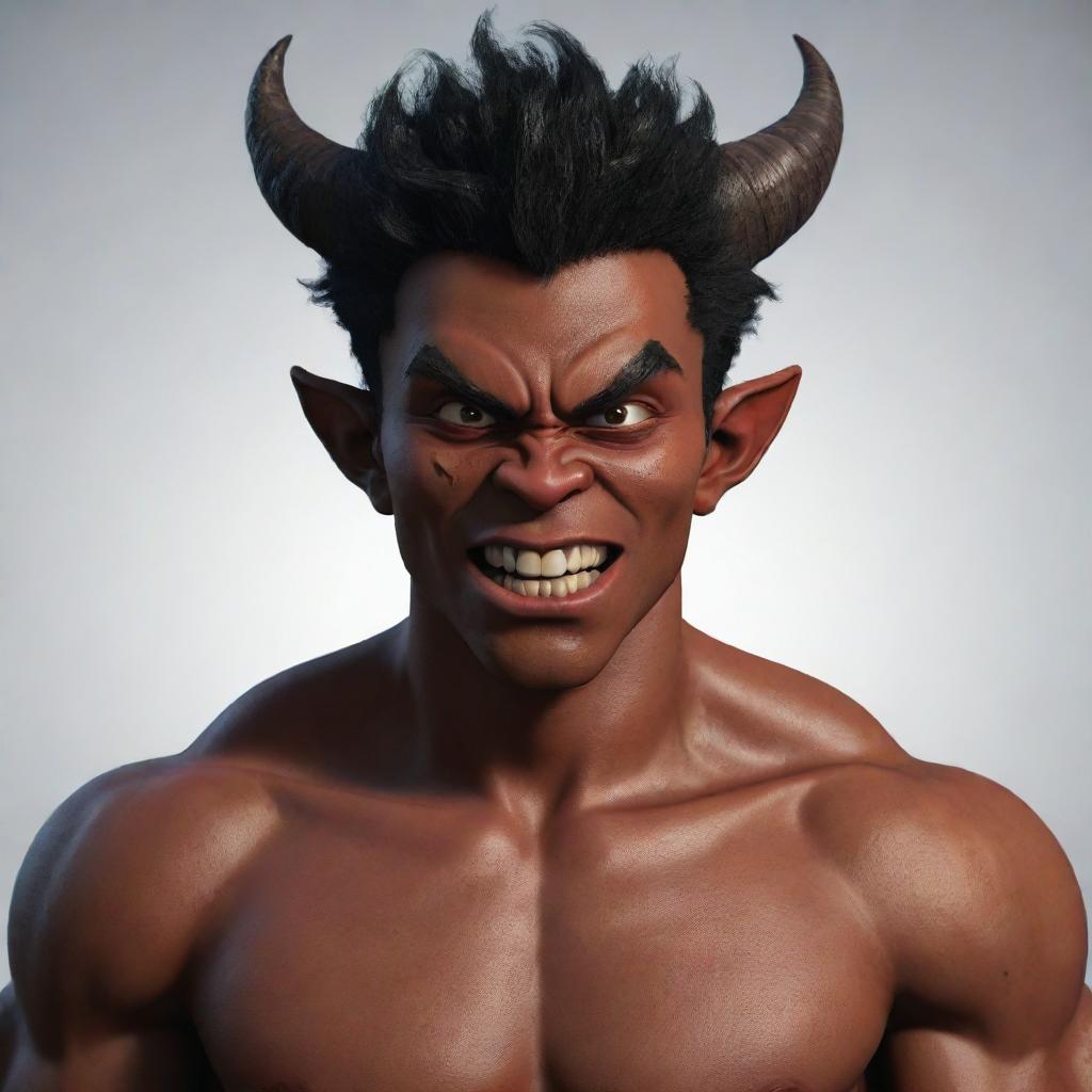 An animated male demon character of Blasian ethnicity