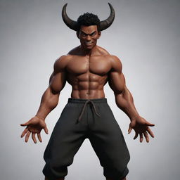 An animated male demon character of Blasian ethnicity