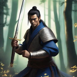 A detailed image of a swordsman, wearing traditional warrior attire, holding a gleaming sword