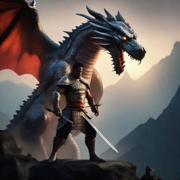 A skilled swordsman known as Pendekar Pedang Naga, wielding a mystical dragon sword, standing heroically on a mountain peak with a fierce dragon in the background