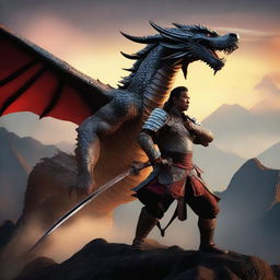 A skilled swordsman known as Pendekar Pedang Naga, wielding a mystical dragon sword, standing heroically on a mountain peak with a fierce dragon in the background