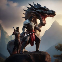 A skilled swordsman known as Pendekar Pedang Naga, wielding a mystical dragon sword, standing heroically on a mountain peak with a fierce dragon in the background