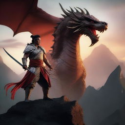 A skilled swordsman known as Pendekar Pedang Naga, wielding a mystical dragon sword, standing heroically on a mountain peak with a fierce dragon in the background