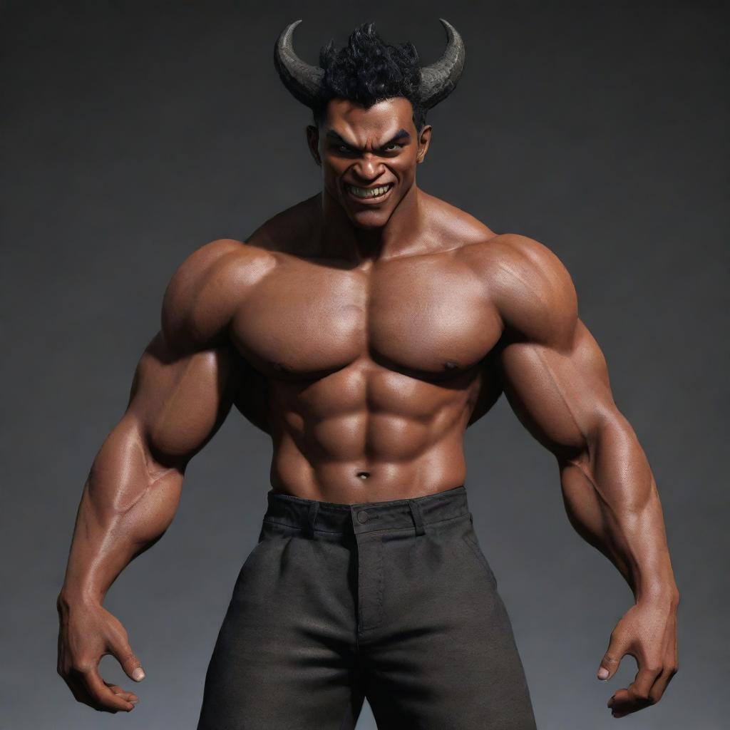 An animated male demon character of Blasian ethnicity