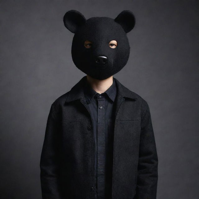 A stylish boy with sleek black hair, garbed in a black jacket and black jeans, his face intriguingly hidden behind a black bear mask.