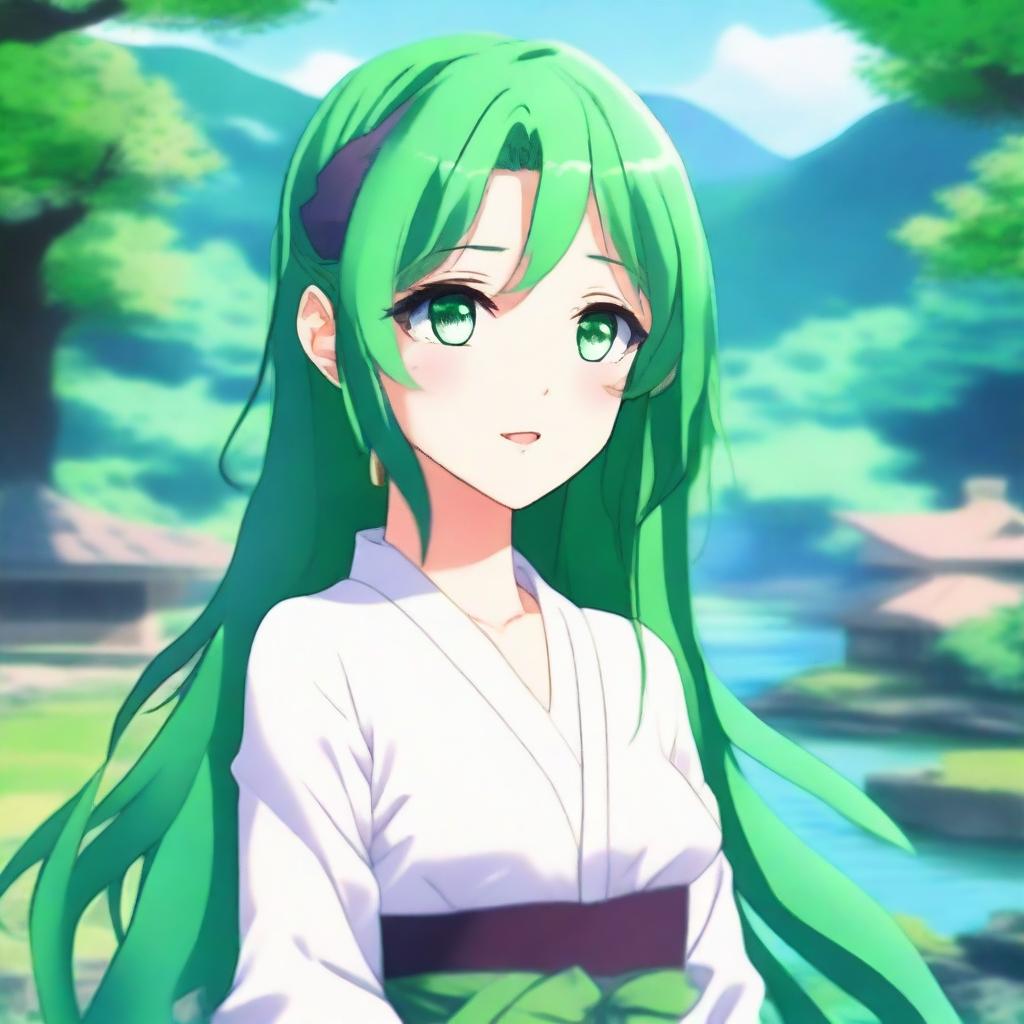 An anime girl with green hair and green eyes, standing in a picturesque background