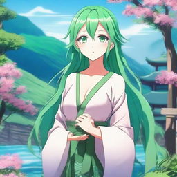 An anime girl with green hair and green eyes, standing in a picturesque background