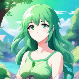 An anime girl with green hair and green eyes, standing in a picturesque background