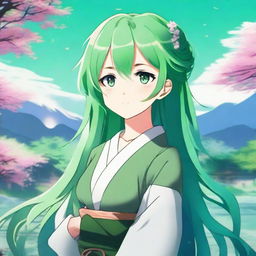 An anime girl with green hair and green eyes, standing in a picturesque background