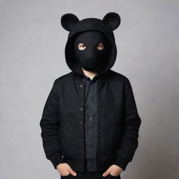 A stylish boy with sleek black hair, garbed in a black jacket and black jeans, his face intriguingly hidden behind a black bear mask.