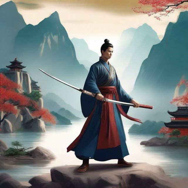 A Chinese sword fighter in traditional attire, standing in a heroic pose with a gleaming sword