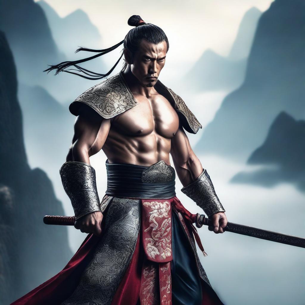 A muscular Chinese swordsman standing in a heroic pose