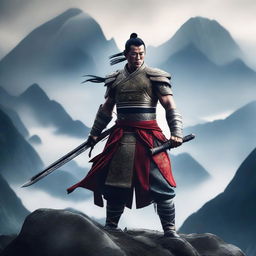 A muscular Chinese swordsman standing in a heroic pose