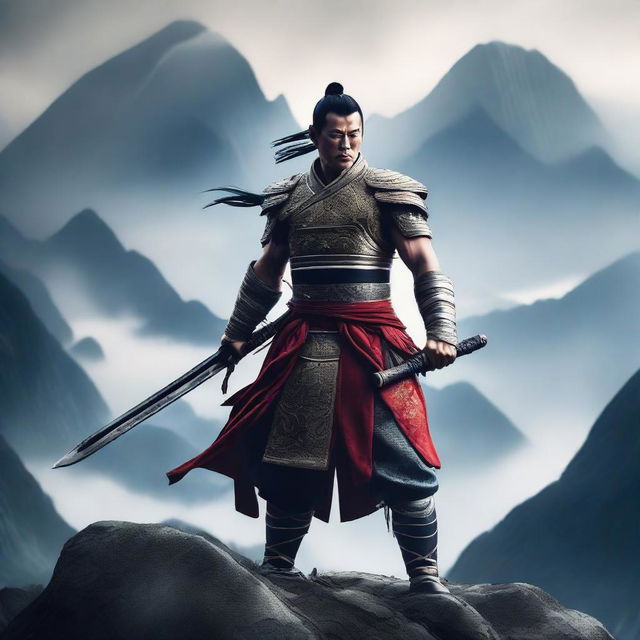 A muscular Chinese swordsman standing in a heroic pose