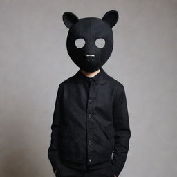 A stylish boy with sleek black hair, garbed in a black jacket and black jeans, his face intriguingly hidden behind a black bear mask.