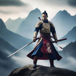 A muscular Chinese swordsman standing in a heroic pose