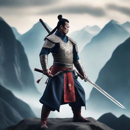 A muscular Chinese swordsman standing in a heroic pose