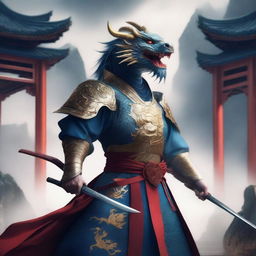 A majestic Chinese dragon swordsman, dressed in traditional warrior attire, wielding a gleaming sword